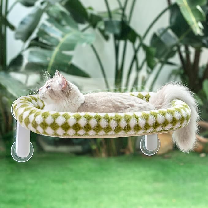 Sunhoo Foldable Cat Window Perch, Large Suction Cup Kitty Hammock, Green | Windowsill Pet Bed for Cats Inside, Cordless Kitten Seat Supports 40 lbs, Soft Reversible Plush Cushion, Machine Washable