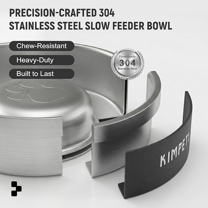 Dog Slow Feeder Bowls Food-Grade 304 Stainless Steel Dog Slow Feeder Bowl Double Wall Heavy Duty Non-Slip Rubber Base 2 Cups Capacity for Small Medium Dogs- Black