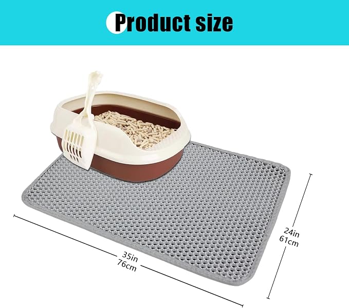 Cat Litter Mat 35"x24", Double Layer Waterproof Litterbox Mat, Gray | Non-slip backing, washable for easy cleanup, traps stray litter with waterproof honeycomb large grid that is urine-proof.
