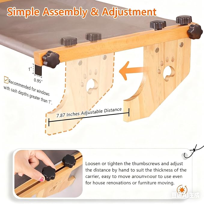 Cat Window Perch- Adjustable Sill Fit,Renter-Safe,Wood-Metal Frame Sturdy Hammock No Drilling,Washable Bed Cover,Tool-Free Install for Indoor Cats,Ideal for Small Spaces & Multi-Cat Families(Grey,M)