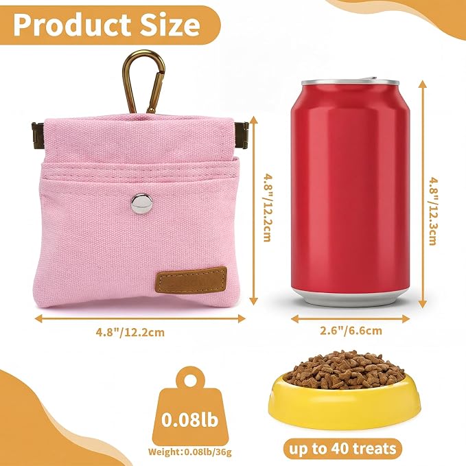 Dog Treat Pouch for Pet Training, Carabiner & Magnetic Buckle, Pink | Hand Free Dog Training Treat Bag, Auto Closing Dog Walking Bag for Puppy Travel or Outdoor Use, Pet Feed Snack Reward Pocket