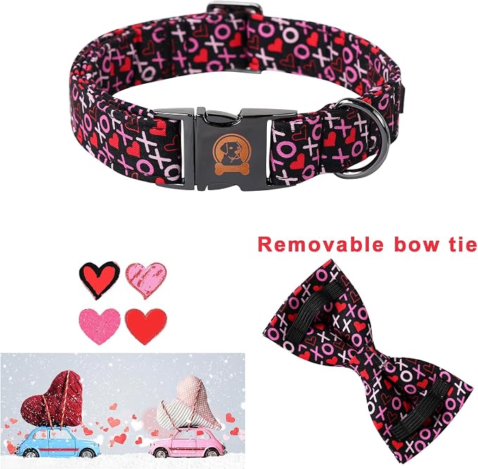 ·MR. CHUBBYFACE· Valentine's Dog Collar with Bowtie, XOXO Red Heart Dog Collar with Metal Buckle, Cute Adjustable Boy Girl Female Collars for Small Medium Large Dogs