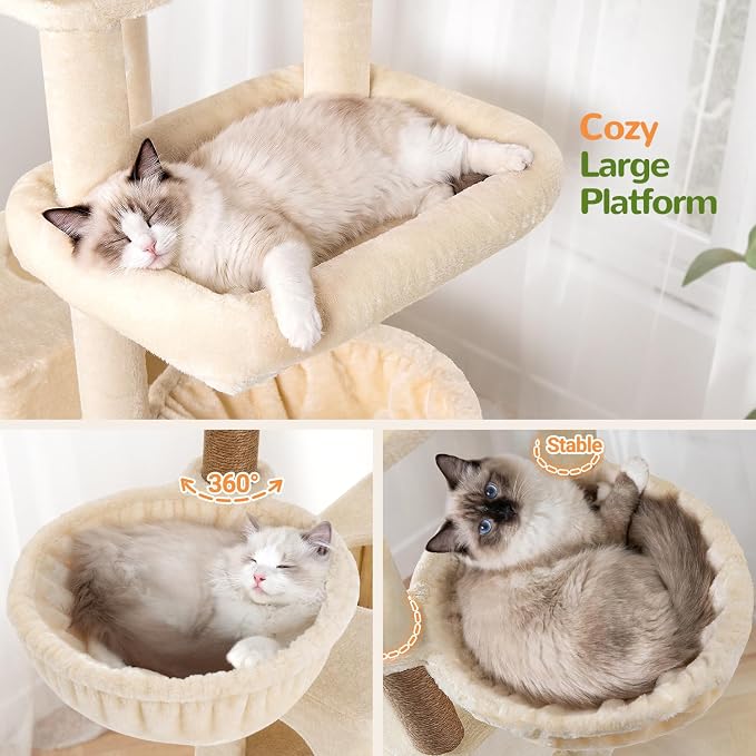 Globlazer Maine Coon Corner Cat Tree for Indoor Cats 74in, C74, Beige | Tall Heavy Duty Cat Tower for Large Multiple, 2 Big Platforms, 2 Extra Large Cat Condos, 2 Baskets, Sisal Scratching Board
