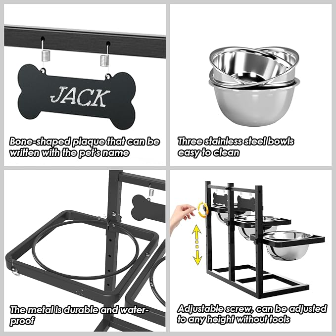 SHAINFUN Elevated Dog Bowls for Medium/Large Dogs with Mat, 6 Height Adjustable Raised Dog Bowls, Three Large 58oz Food Water Stainless Steel Bowls