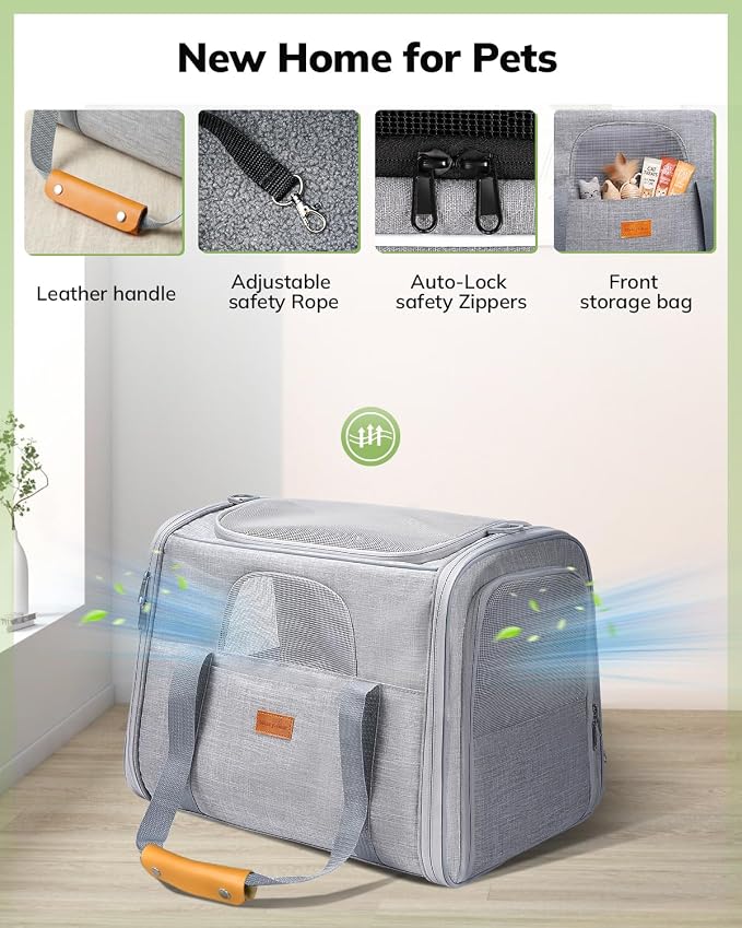 Morpilot Pet Travel Carrier Bag, Soft-Sided Dog Carrier Cat Carrier Pet Carrier, for Large Cats and Medium Puppies up to 25lbs, w/Locking Safety Zippers, Foldable Bowl (Light Gray)