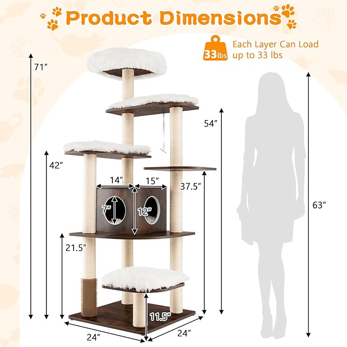 Tall Cat Tree for Indoor Cats, 71 Inches Multi-Level Modern Cat Tower with Plush Perch, Cozy Condo, Platforms, Sisal Scratching Posts, EVA Massage Comb & Removable Cushions (Brown)
