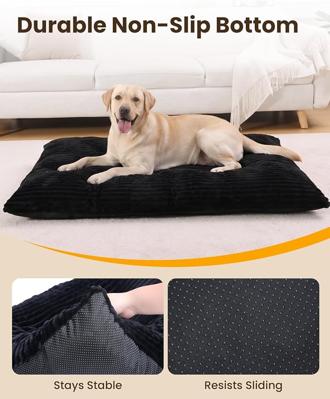 KSIIA Washable Dog Crate Bed Kennel Mat for Large Dogs, 48 x 29 Inch, Black | 3in thick soft PP filling,Elastic rebound,300gsm shed-proof flannel,Soft skin-friendly,Anti-slip bottom,Machine washable