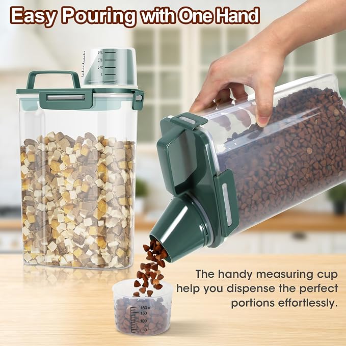 TBMax Small Dog Cat Food Storage Containers 2 Pack, Travel-Friendly Pet Food Container with Spout & Measuring Cup, Portable Pet Feeding Dispenser, Bird Seed Container-Dark Green