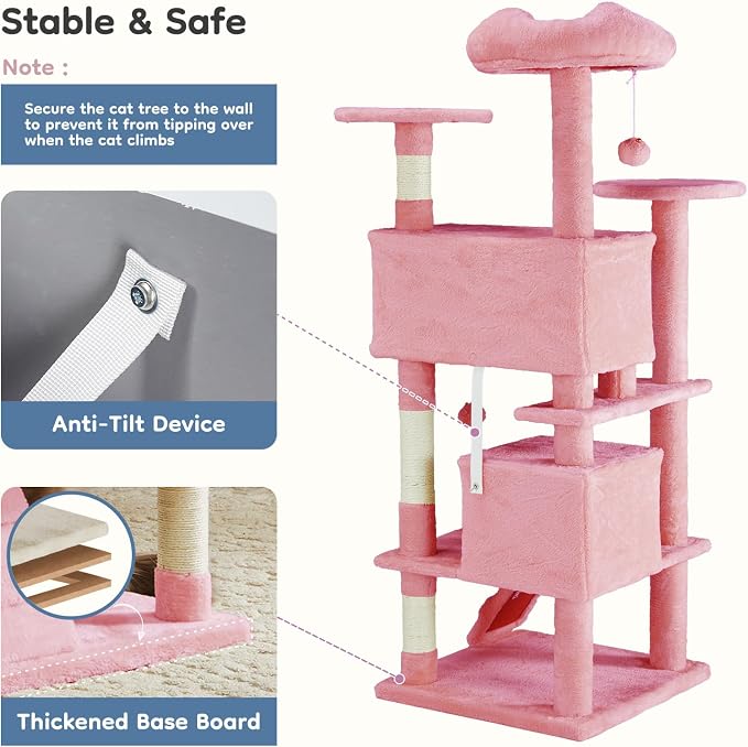 DUMOS 54-inch Cat Tree Tower with Scratching Posts, Indoor Use | Multi-Level Pet House for Large Cats with 2 Condos, Round Platform, Small Ladder and Toys, Pink