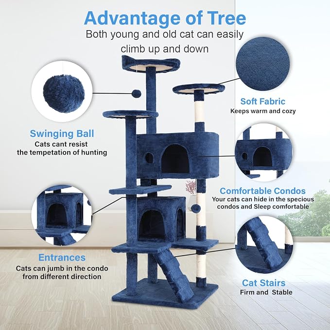FDW | 54" Cat Tree Tower | Navy Blue | Multi-Level Indoor Activity Center | with Sisal Scratching Posts, Condos, Plush Perches, Hanging Cat Toys | Sturdy, Easy to Assemble | for Kittens & Adult Cats
