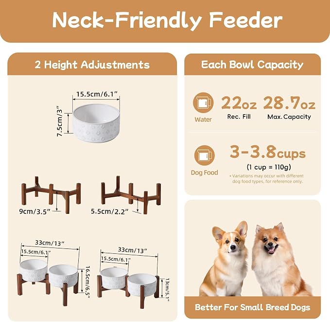 Havniva 6.1" Elevated Dog Bowls Ceramic Raised Dog Bowl with Non-Slip Stand (Acacia Wood) Two Height Options, Dog Food & Water Bowl for Small & Medium Breed Dogs - 3.4 Cups 27 oz