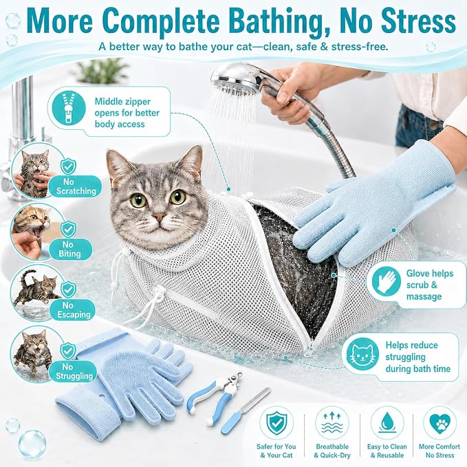 Cat Bathing Set with Pet Grooming Gloves for Cat Grooming, Upgraded Breathable Cat Bag for Bath with Openable Zipper and Reinforced Handle, Cat Washing Set with Nail Clipper File (Gray)