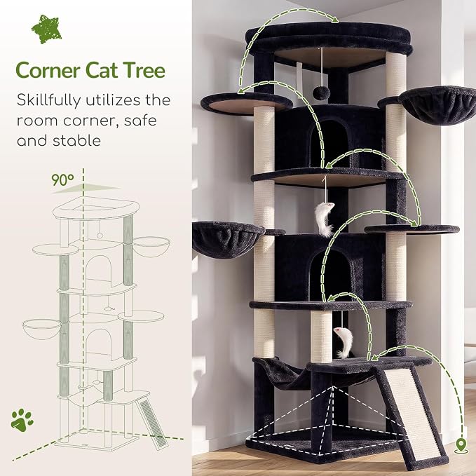 Globlazer 73in Corner Stable Cat Tree for Indoor Cats, C73, Dark Grey | Space-Saving Multi-Level Climbing Tower, Large Fan-Shaped Condos & Top Perch, 8 Full-Sisal Posts & Board, Metal Baskets
