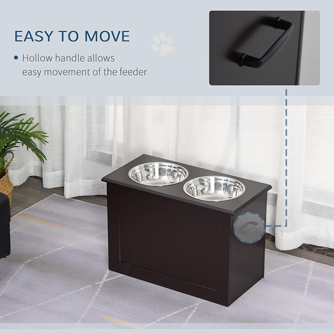 PawHut Raised Pet Feeding Storage Station for Large Dogs, Coffee | with2 Stainless Steel Bowls Base for Other Large Pets