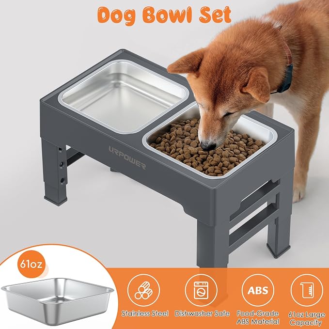 URPOWER Raised Dog Bowls 4 Height Adjustable Elevated Bowl Stand | Stainless Steel Water Bowl Non-Slip Dog Food Bowls Stand for Small Medium Large Dogs and Pets