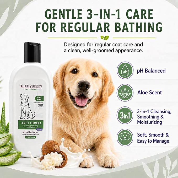 3-in-1 Pet Shampoo for Dogs, Aloe Scent Dog Shampoo and Conditioner with Aloe, Shea Butter, Colloidal Oatmeal, Jojoba Oil & Vitamin E, pH Balanced Cleansing, Smoothing & Moisturizing, 15.5 fl oz