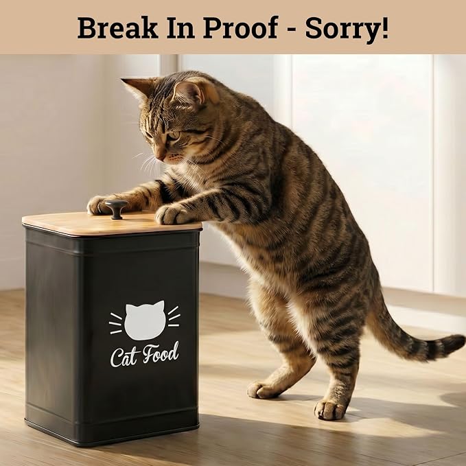 Cat Food Container with Scoop 5-7 lb (25 Cup), with Airtight Bamboo Lid | Cat Kibble Canister with Metal Scoop, 25 Cups, Chew Proof Iron Body, Powder Coated, Airtight Bamboo Lid, Sturdy Metal Handle