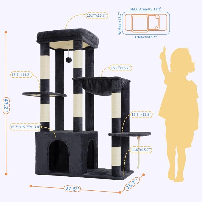 Heybly Heavy Duty Cat Tree with Large Base for Large Indoor Cats HCT026G | Cat Tower with Scratching Posts, Tall Cat Condo House , Multi-Level Plush Furniture with Hammock & Toy Balls, Smoky Gray