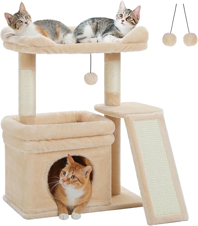 PEQULTI Cat Tree for Small Medium Cats, Beige Cat Tower for Indoor Cats | Beige aesthetic cat furniture with soft perch, private condo, natural sisal scratch post for indoor small medium kittens