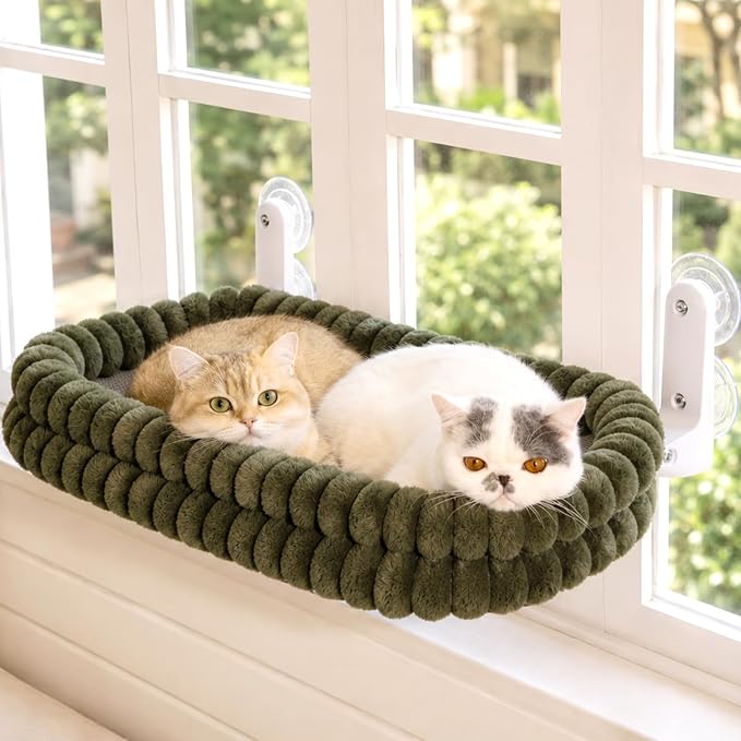 CHEERPALS Cat Window Perch for Indoor Cats Hammock for Window with Reversible Cushion, Foldable Cat Window Bed for Large Cats and Kittens, Cloud Series(Green,Large)