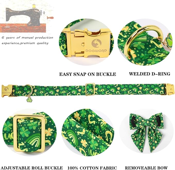 DOGWONG St. Patrick's Day Dog Collar with Sailor Bow Tie- Lucky Shamrock Bowtie Collar for Girl Boy Dog, Trefoil Dogs Collars Durable Adjustable, XS