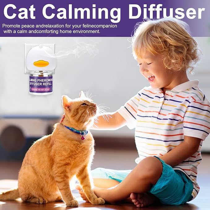 Cat Calming Diffuser Kit, 1 Diffuser + 3 Refills Pack,Discourage Scratching, Excessive Meowing & Urine Marking, Gentle Calming Support