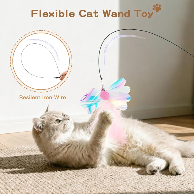 Pawaboo Feather Teaser Cat Toy, Interactive Feather Wands Cats Toy Flying Feathers Cat Catcher with Extra Long 34.5" Wand and Small Bell, Exerciser Playing Toys, 1 Wand + 10 Feathers, Multicolored