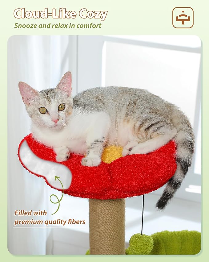 35" Flower Cat Tree for Kittens with Hammock & Sisal Posts, Brown | Flower-shaped top perch, Metal frame hammock, Sisal scratching posts, Cozy pink condo, Sturdy stable base, For small cats