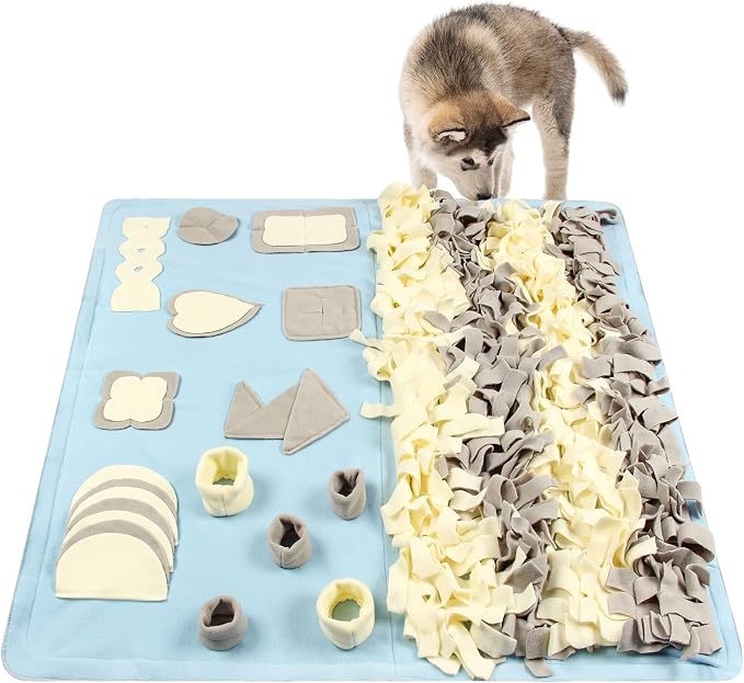 Snuffle Mat for Dogs: Slow Food Interactive Experience - 7 Enrichment Foraging Games for Large Dog Owners Needing to Burn Pet Energy - Washable 1000 Times - 38x38 inch - Blue