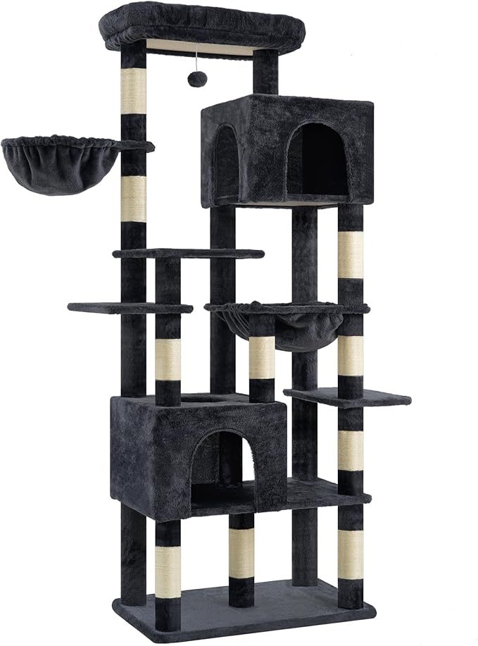 Heybly Cat Tree, 76-Inch Tall Heavy Duty Cat Tower for Big Cats HCT039G | Multi-Level Large Cat Furniture with Extra Wide Baseboard, 2 Condos & 2 Hammocks, 10 Scratching Posts, Smoky Gray