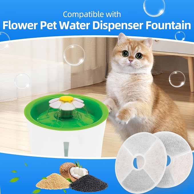 12 Pack Cat Fountain Filters Compatible with Catit 3L Flower Fountain, Frame-Free Eco Filter, 2X Filtration Media, Extra Resin for Cleaner & Softer Water, Replacement Filters with 2 Cleaning Brushes