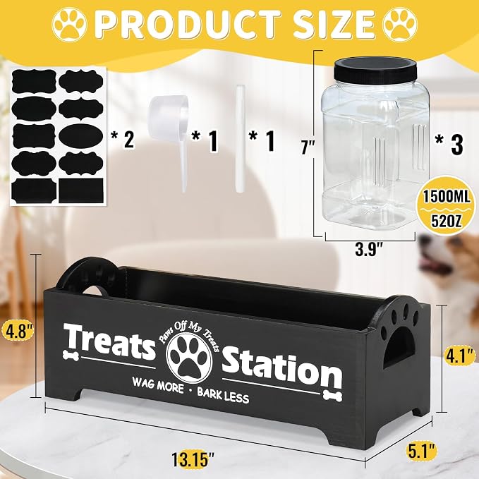 Dog Treat Container Dog Food Storage Container for Countertop, Cat Food Storage Container with 3 Plastic Dog Treat Jar, Dog Food Storage Container for Dog and Cat, Black Wooden Dog Food Container