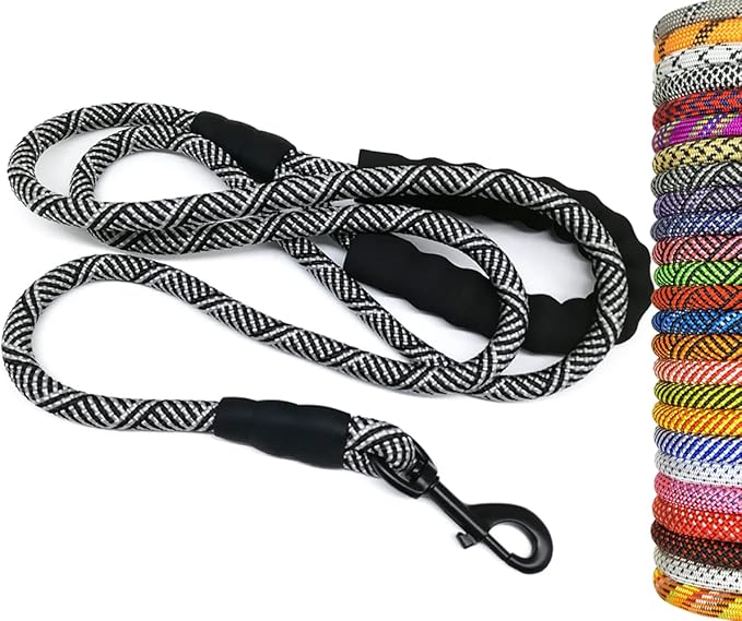 MayPaw Heavy Duty Rope Dog Leash, 3/4/6/7/8/10/12/15/20/30FT Nylon Pet Leash, Soft Padded Handle Thick Lead Leashes for Large Medium Dogs (Black, 1/2" * 12')