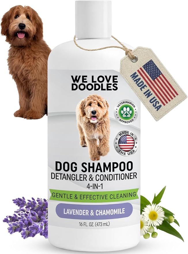 Dog Shampoo, Conditioner & Detangler, Hypoallergenic Tearless Lavender 16OZ | For Sensitive Itchy Skin, Best Shampoo For Smelly Dogs, Goldendoodle, Poodle & Doodle, Puppy Pet Wash Soap, USA Made, 4-in-1