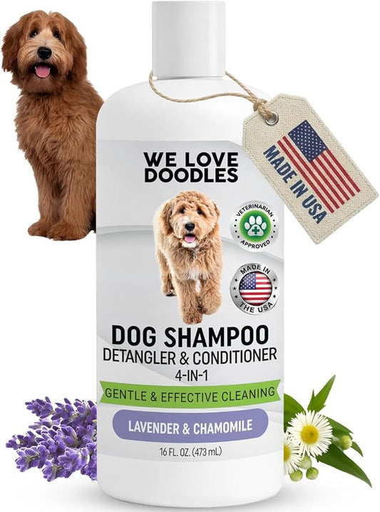 Dog Shampoo, Conditioner & Detangler, Hypoallergenic Tearless Lavender 16OZ | For Sensitive Itchy Skin, Best Shampoo For Smelly Dogs, Goldendoodle, Poodle & Doodle, Puppy Pet Wash Soap, USA Made, 4-in-1