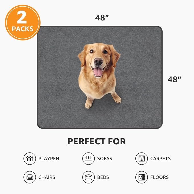Washable Pee Pads for Dogs,2 Pack 48x48 Reusable Whelping Pads for Playpen | Waterproof, Absorbent, Leakproof,Dog Maat for Old Dog Incontinence, Potty Training, Order Control, Fast Dry
