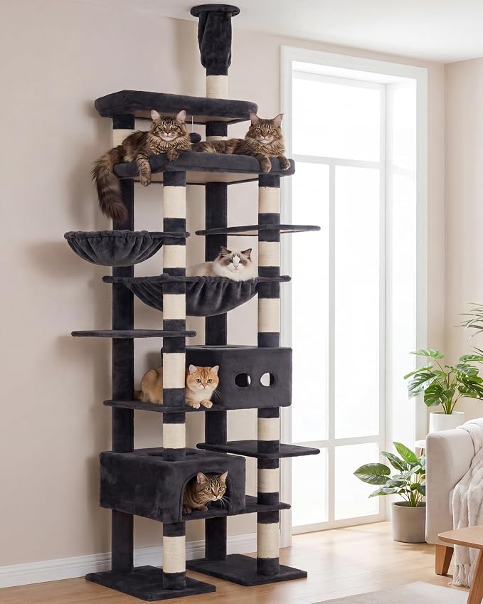 Heybly Floor to Ceiling Cat Tree, 104.7"-116.5" Height-Adjustable HCT92G | Expanded Wide Cat Climbing Tower with Wide Perch, 2 Spacious Cat Condos & 15 Scratching Posts for Indoor Cats, Smoky Gray