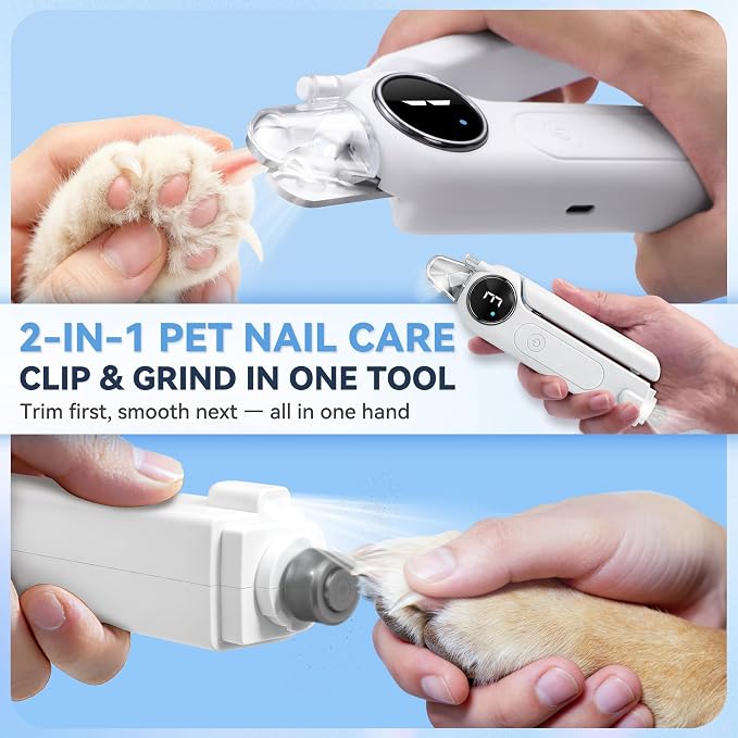 2-in-1 Quiet Electric Pet Nail Clipper & Grinder with Light for Dogs Cats | Dual LED Lights,3-Speed Grinder,Nail Clipping Splash Guard,Type-C Rechargeable,Quiet Design for Anxious Dogs & Cats