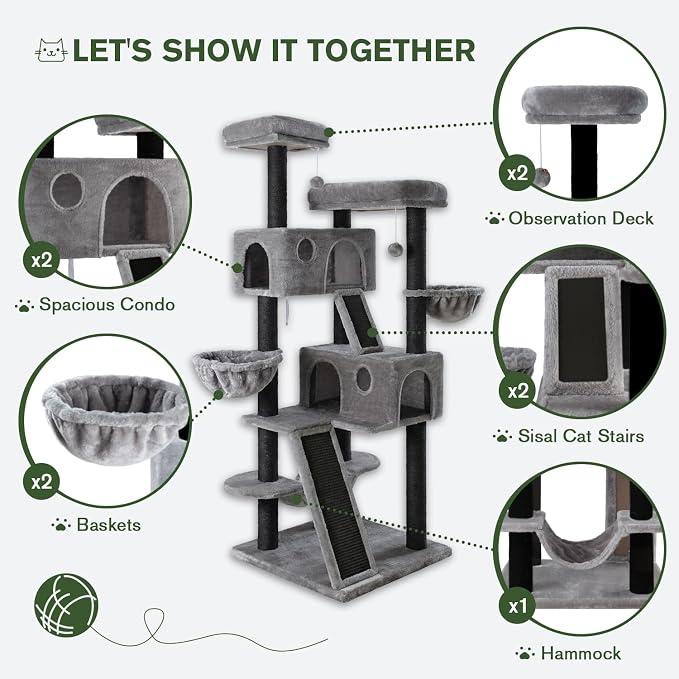 MUTICOR 66 Inches Multi-Level Large Cat Tree Tower for Indoor Big Feline/Cozy Plush Perches/Condo/Sisal Scratching Posts/Hammock and Baskets/Activity Center Play House/Wide Base/Black & Grey