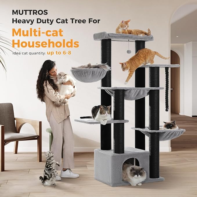 Maine Coon Cat Tree-67 Large Cat Tower for Indoor Cats Large Adult with 7 Thick Black Scratching Posts (φ4.3), Multi-Level Condo, Big Perch & Hammocks -Black | 7 thick 4.3in posts, Multi-level condo, XL top perch, Cozy hammocks, Sized for Maine Coon, H...