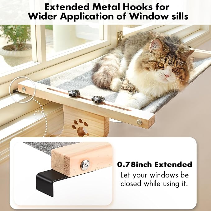 AMOSIJOY Cat Windowsill Perch with Wood & Metal Frame for Large Cat, 27.5in | Solid Wood Frame, Easy to Adjust, Washable Berber Fleece Cover, No Suction Cups Cat Window Seat for Windowsill, Bedside