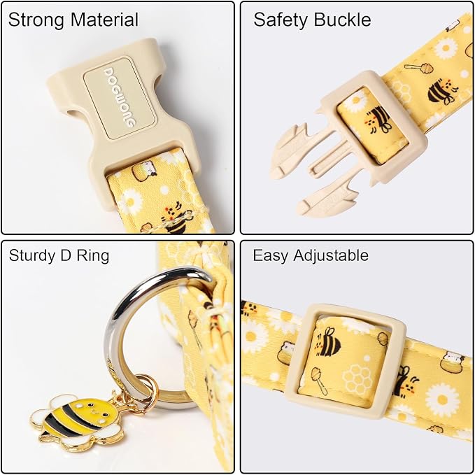DOGWONG Yellow Bee Dog Collar- Cute Fun Dog Collars Adjustable Designer Spring Puppy Yellowe Dog Collar for Small Medium Large Dogs S