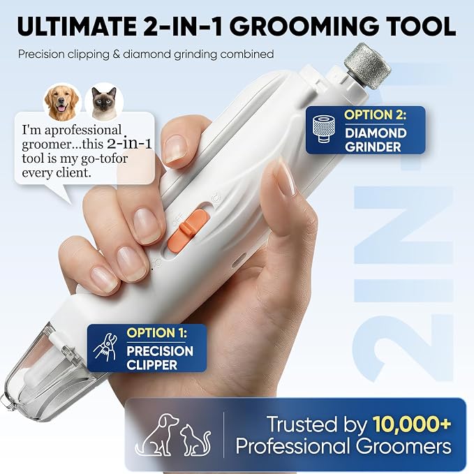 2-in-1 Dog & Cat Nail Clippers and Grinder with LED Light | Sharp Blade, Low-Noise Grinder, Safety Guard & USB Rechargeable Cordless Design for Small, Medium and Large Pets