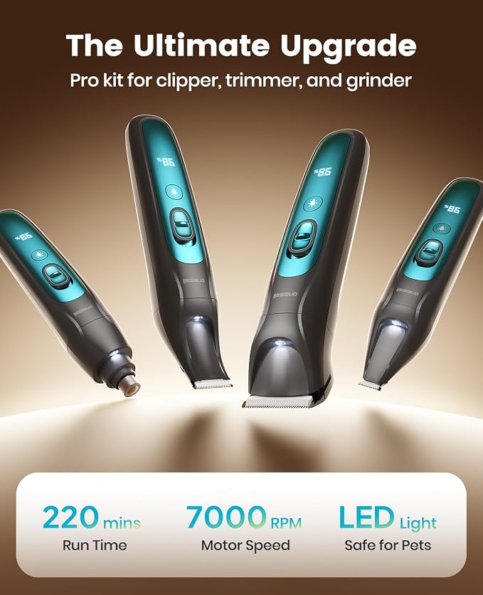 oneisall Professional 4-in-1 Dog Grooming Kit with LED Light | Quiet Clippers & Nail Grinder, Cordless, 3.7 hrs Runtime, LED Display, Safe for Paws, Face, Ears & Body