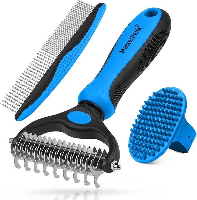 3-in-1 Pet Grooming Kit Rake Metal Comb & Bath Brush Blue | Double-Sided Dematting Undercoat Rake, Deshedding Metal Comb, Bath Brush For Dogs and Cats