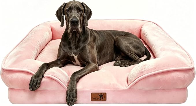 Spotted Play Orthopedic Dog Bed with Sides - Sofa Beds for Extra Large Dogs, Supportive Foam Pet Couch Bed with Washable Removable Cover, Waterproof Lining and Non-Slip Bottom, Pink - XXL
