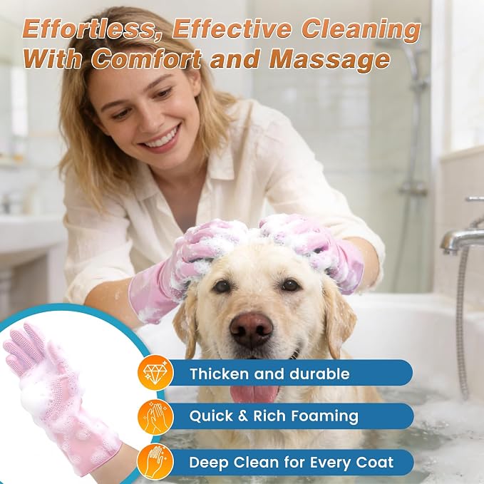 7 PCS Pet Grooming Kit for Dogs and Cats | Dog Washing Gloves | Dog Bath Brush | Cleanroom Gloves | Dog Shampoo Brush | Finger Toothbrushes | Storage Bag | All-in-One Pet Care (Pink)