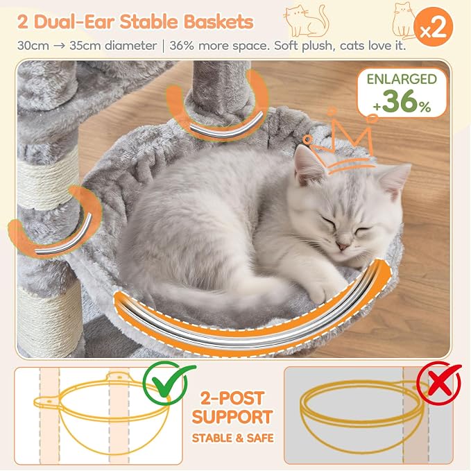 Taoqimiao 71in Cat Tree, Heavy Duty Large Cat Tower for Indoor Cats MS050W | Extra Wide Sturdy Base, Tall Multi-level, 7 Sisal Scratching Posts, 2 Houses, 2-Post Supported Baskets, 2 Perches, Light Gray