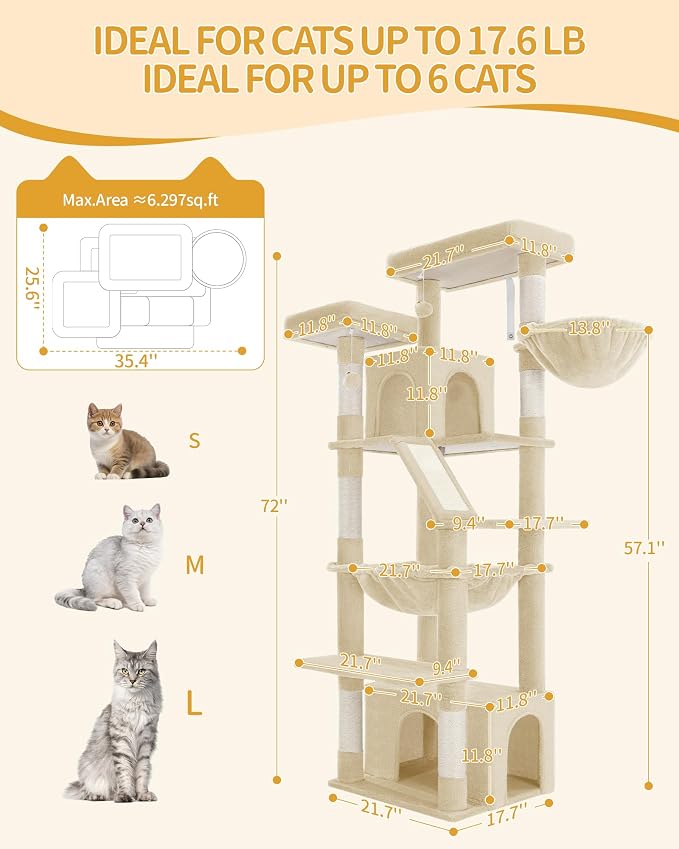 Hzuaneri Large Cat Tree, 72 Inch Tall Multi-Level Cat Tower for Indoor Cats | Cat Condo Furniture with 6 with Sisal Scratching Posts, 2 Large Platforms, 2 Cats House, Hanging Basket, Beige MS18318YG