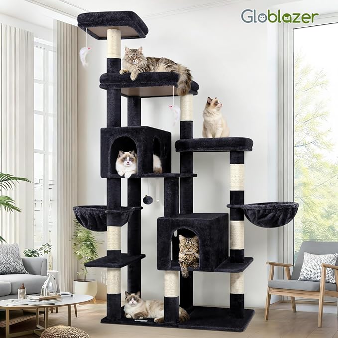 Globlazer 74in Large Sturdy Cat Tree for Large Cats, F74F, Beige | Tall Maine Coon Cat Tower for Indoor Cats Large Adult with 8 Scratching Posts, 2 Spacious Cat Condos, 3 Perches